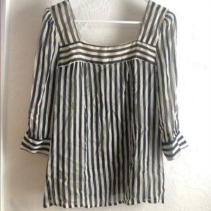 Sheer Blouse w/ Vertical Navy Blue & White Stripes